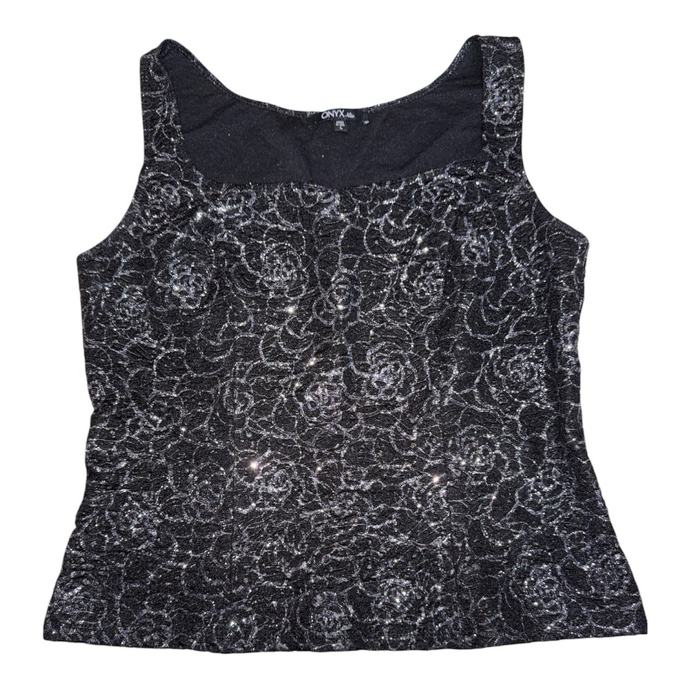 ONYX Nite Black Metallic Floral Sleeveless Top – Made in USA – L